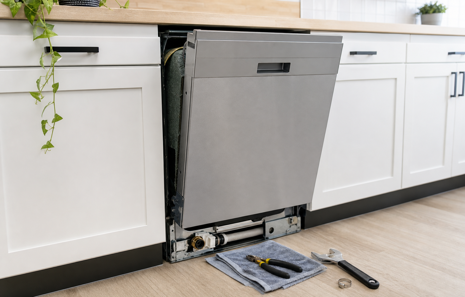 Dishwasher pulled forward with lower service area visible and tools nearby
