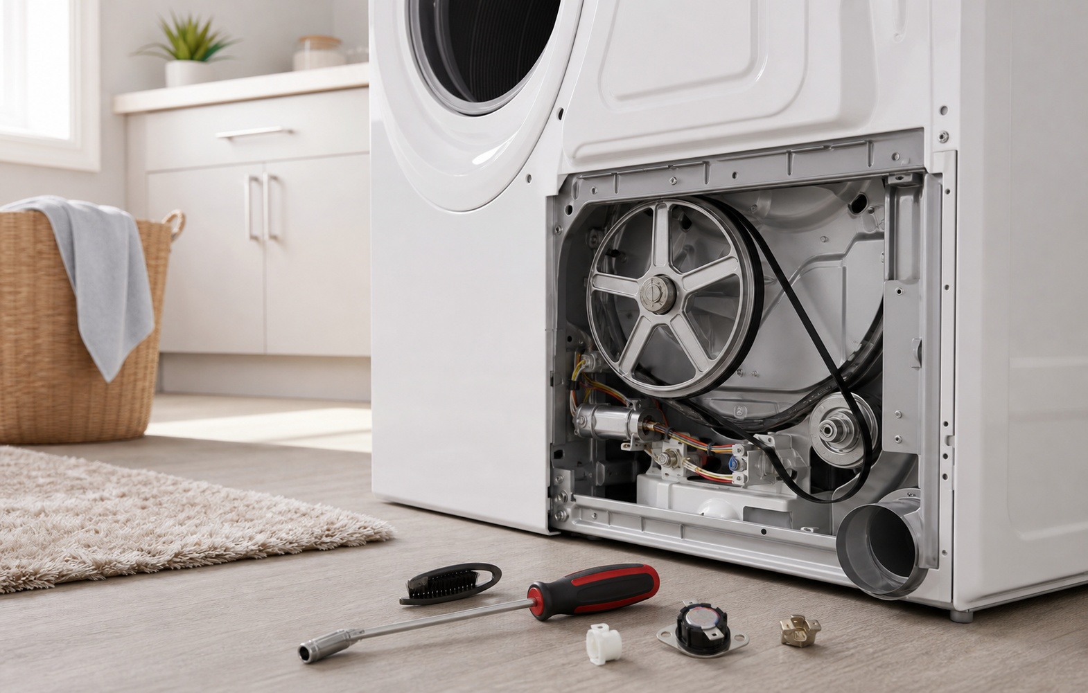 Clothes dryer with rear panel open and small replacement parts on the floor