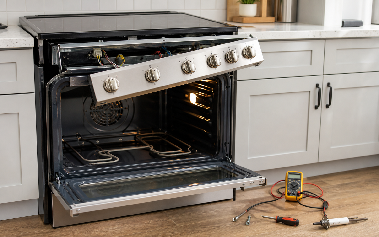 Electric range with oven door open, repair tools, and diagnostic equipment